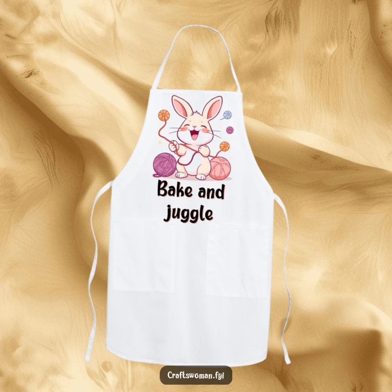 Funny apron with a laughing rabbit juggling colorful yarn balls, designed for crafters and adding playful humor to tasks.