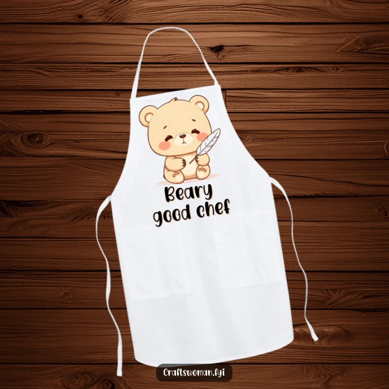 Funny bear apron showing a contented character writing with a feather quill, perfect for adding a touch of thoughtful creativity.