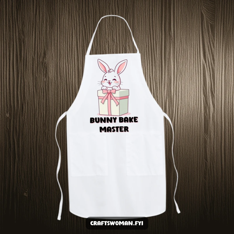 Funny Apron: A giggling bunny wears an apron while skillfully tying a ribbon around a beautifully wrapped gift box, ready for any occasion.