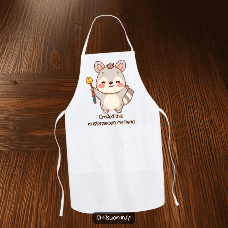 Funny apron designed for crafters, showing a cheerful animal character holding a colorful project, ready to protect from messes.