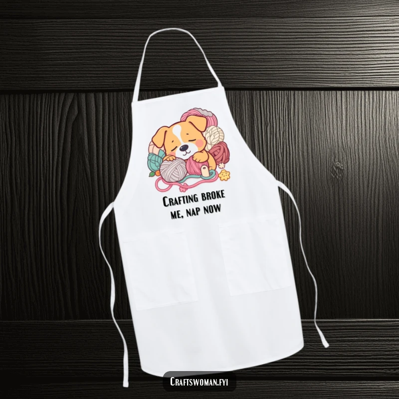 Funny Apron: A sleepy dog rests near yarn, a humorous protective garment for crafters.