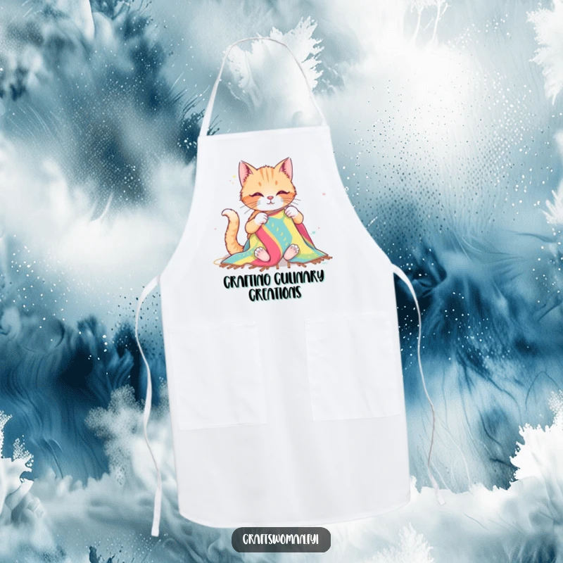 Funny apron with a happy cat sewing a large, colorful textile using big needles, designed for crafters and adding feline humor to tasks.