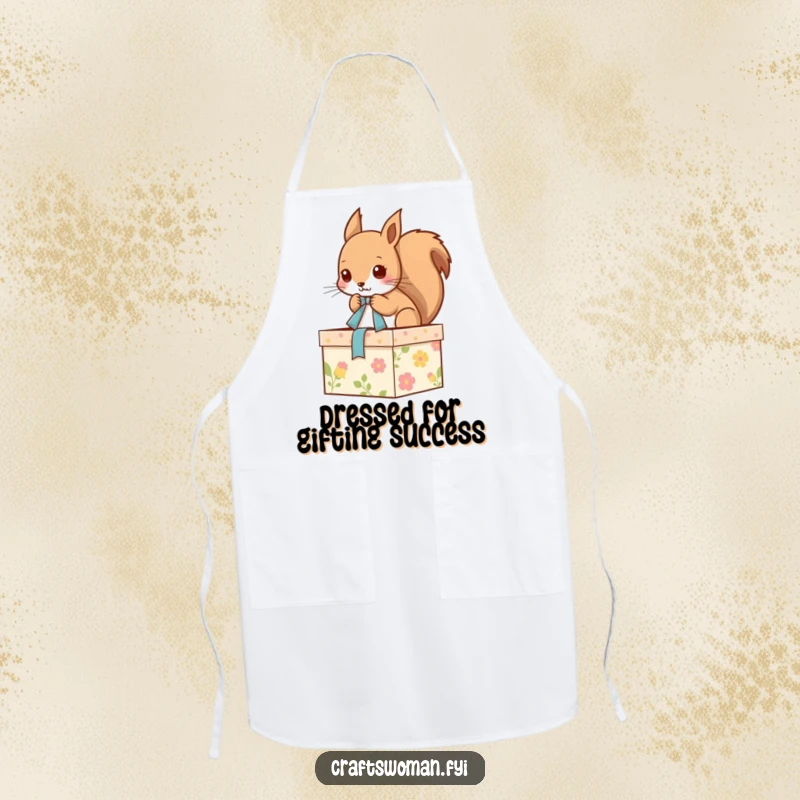 Funny apron with a delightful squirrel tying a ribbon on a decorated gift box, ideal for bakers and crafters in the kitchen.