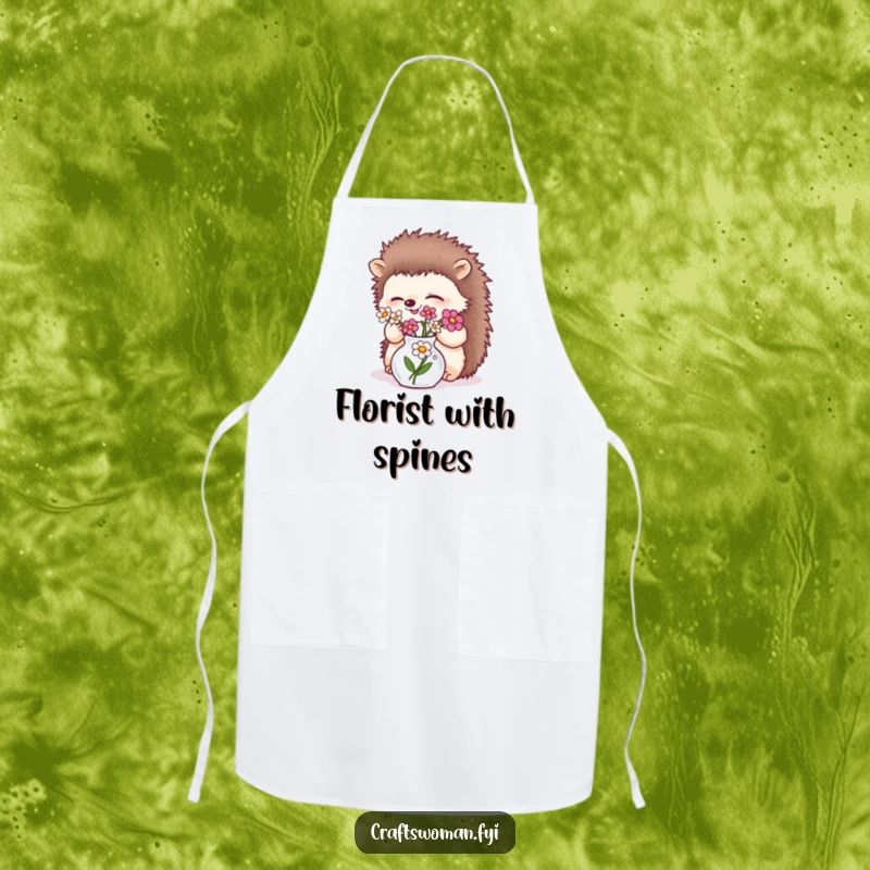 Funny giggling hedgehog arranging flowers in a tiny vase on a durable apron, perfect for gardeners and nature lovers.
