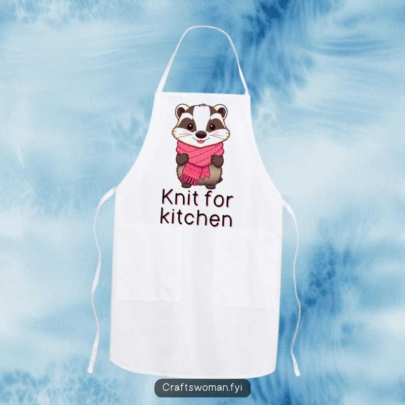 Funny apron with a proud badger showing off a knitted scarf, perfect for yarn protection.