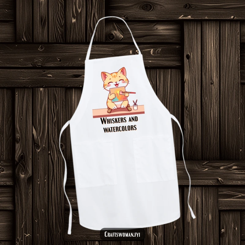 Funny Apron: A happy cat artist wears an apron while painting a colorful masterpiece on a small canvas with a brush.
