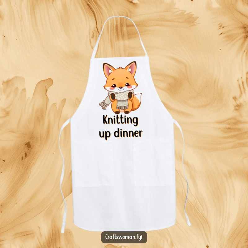 Funny apron showing a smiling fox proudly displaying a completed knitted scarf, ideal for knitting protection.
