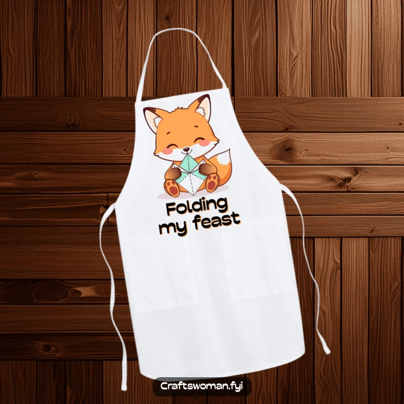 Funny Fox Apron worn by a smiling fox carefully folding origami shapes, perfect for artistic kitchen endeavors.