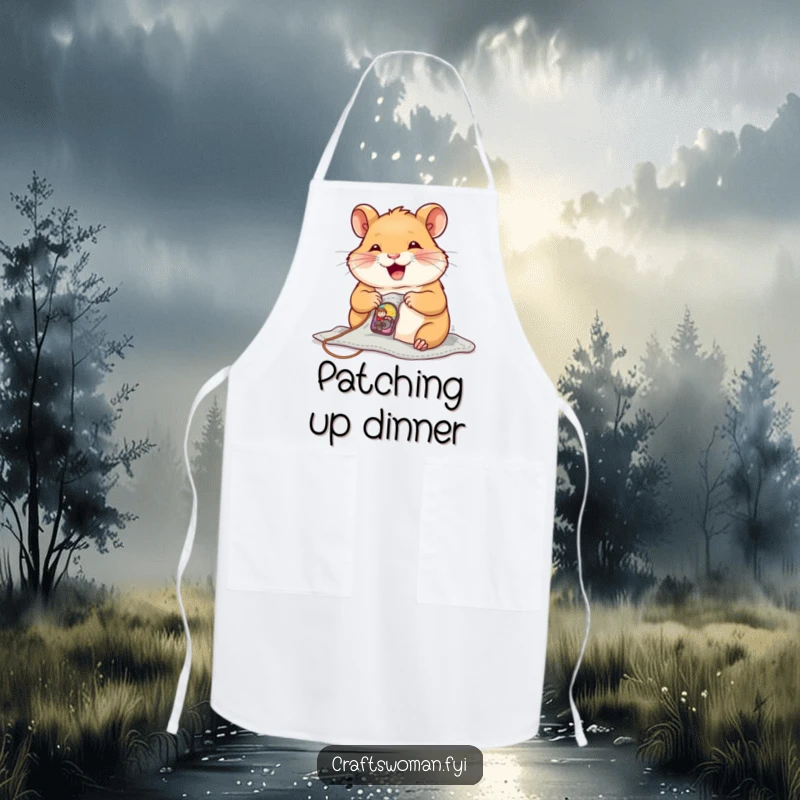 Funny Apron with a joyful hamster sewing a tiny, colorful patch onto a small garment, for tidy sewers.