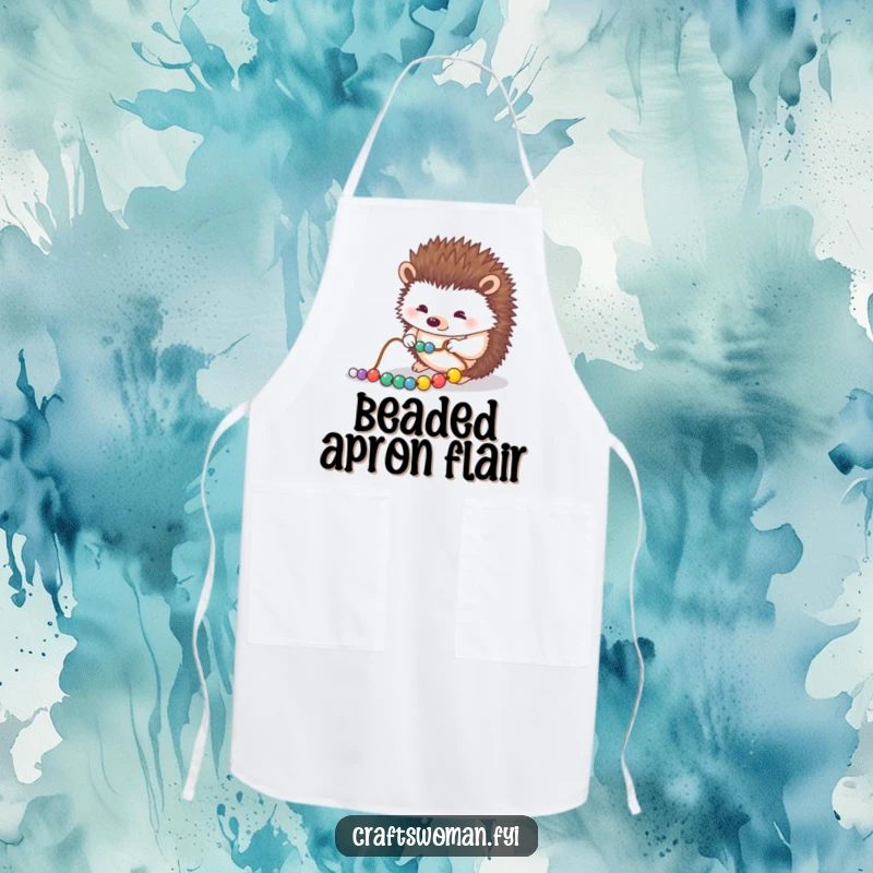 Funny apron with a patient hedgehog carefully stringing beads onto a thread, perfect for jewelry making or other detailed craft activities.