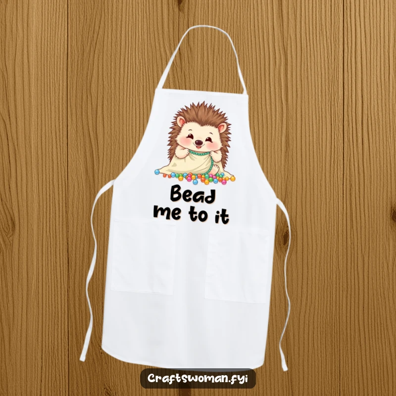 Funny hedgehog apron showing a cheerful hedgehog carefully arranging sparkling beads onto a piece of cloth, protecting clothes.