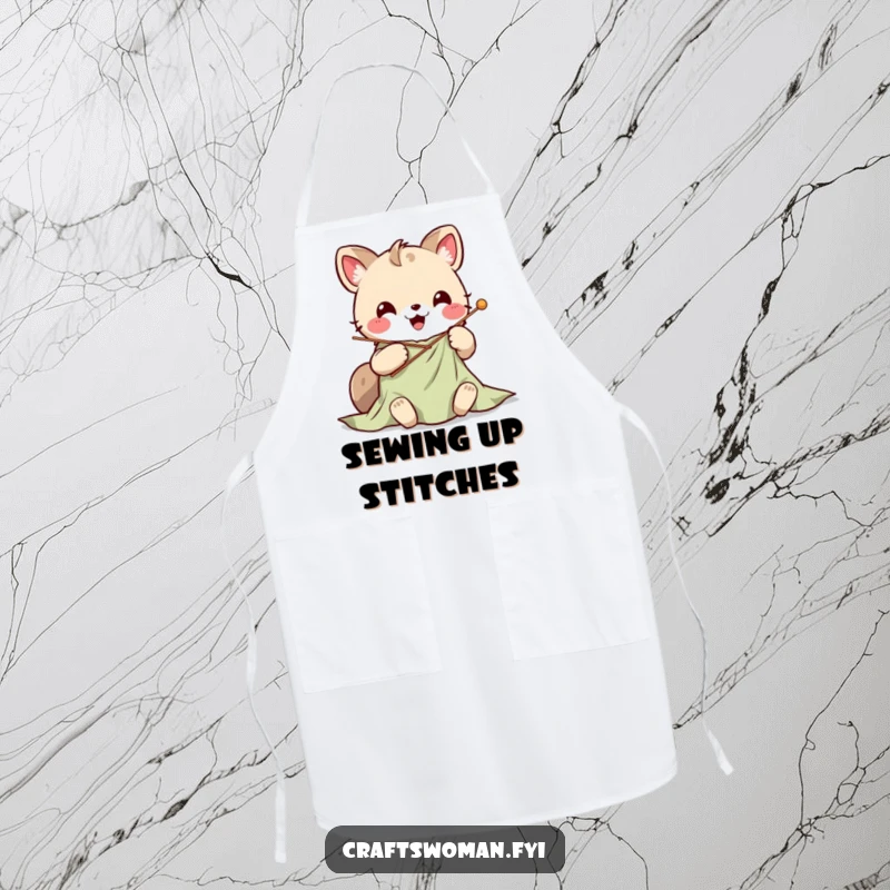 Cute Kawaii animal character stitching vibrant fabric with a large needle, featured on a practical apron for crafting.
