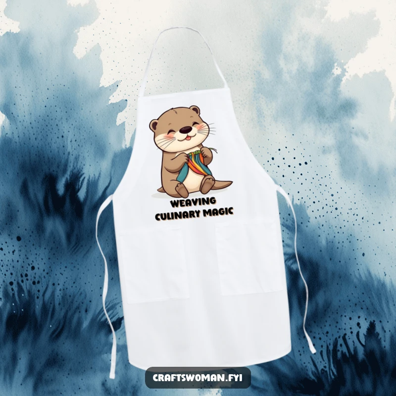 Funny apron with a dexterous otter joyfully weaving colorful fabric, perfect for protecting clothes during creative pursuits in the kitchen or studio.