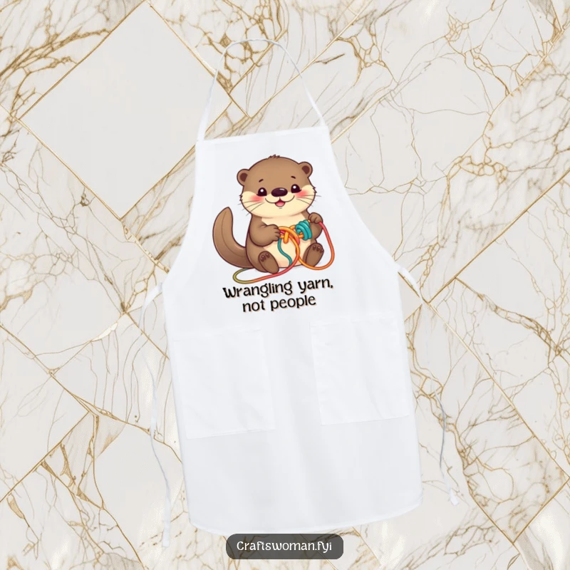 Funny otter apron showing a smiling otter busy knotting colorful yarn into a playful design, protecting clothes while crafting.