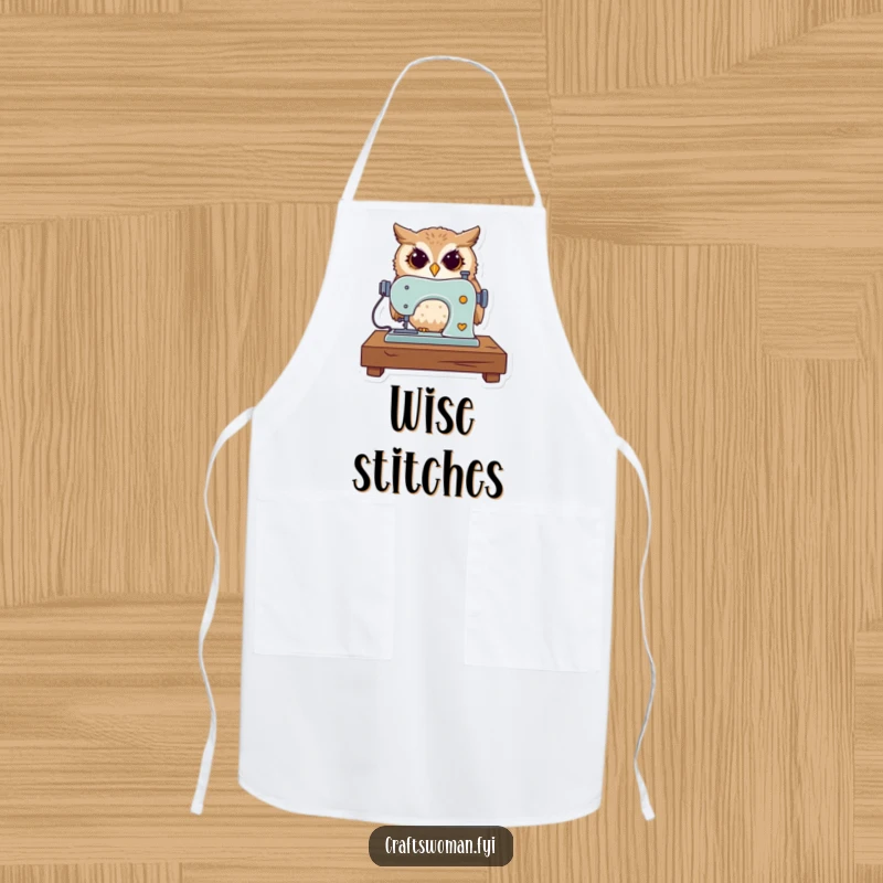 Funny apron with a curious owl operating a miniature sewing machine, perfect for keeping clothes clean.
