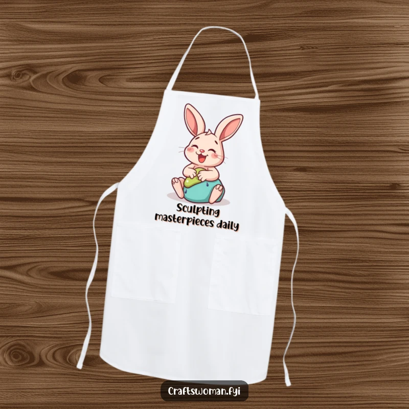 Funny rabbit apron with a happy bunny gleefully sculpting clay into a whimsical shape, perfect for messy crafting.