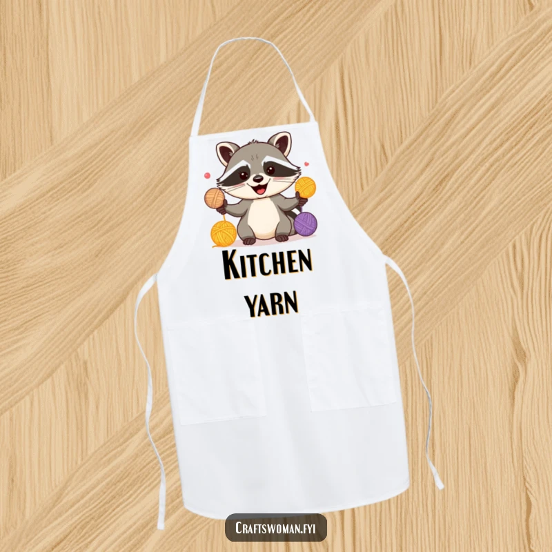 Funny apron with a mischievous raccoon juggling colorful yarn balls, perfect for keeping clean during crafting.