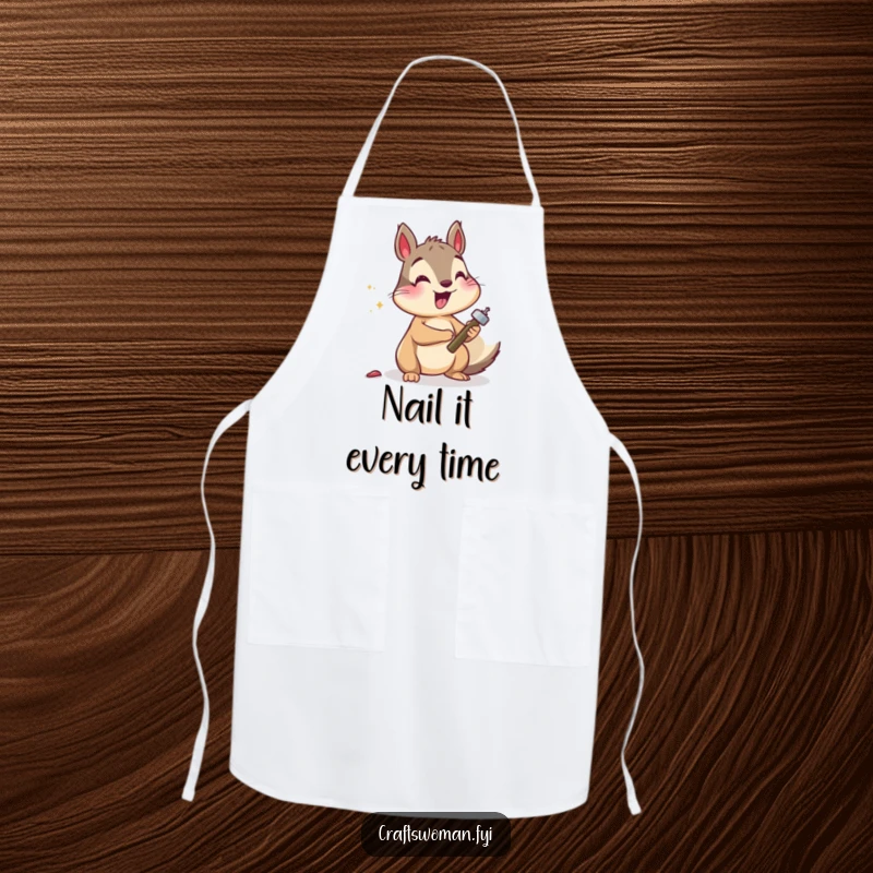 Funny squirrel apron depicting a cheerful squirrel hammering a small nail, perfect for kitchen tasks and craft projects.