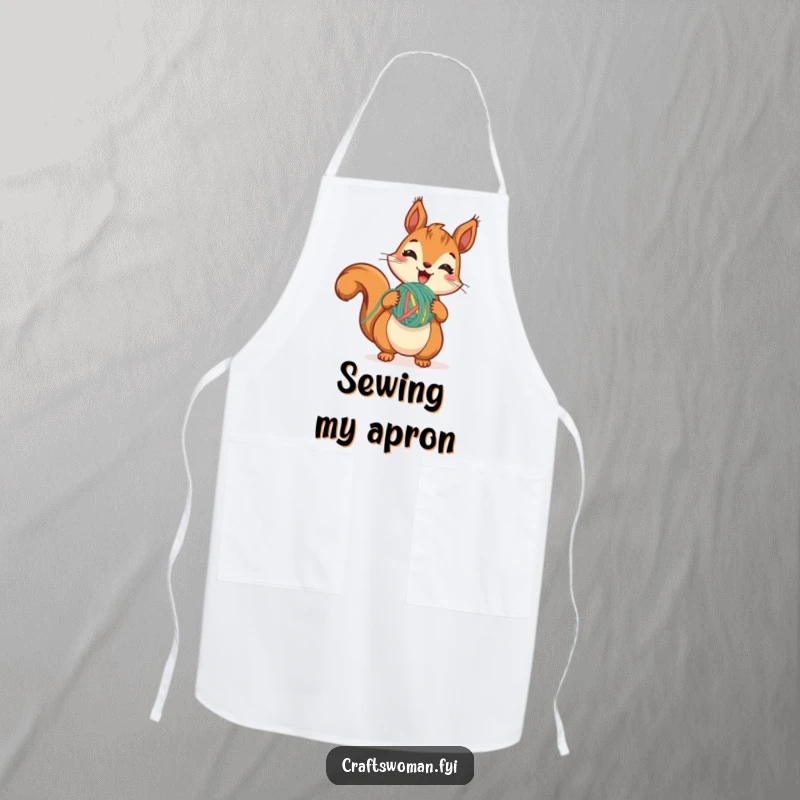 Funny Squirrel Yarn Apron featuring a cute squirrel excitedly holding yarn, mid-stitch, designed for crafty kitchen fun.