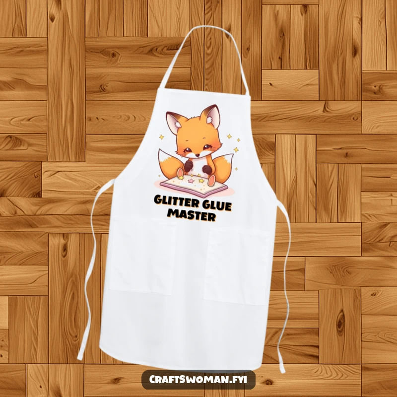 Funny fox apron depicting a playful fox carefully gluing glitter stars onto a project, ideal for crafting sessions.