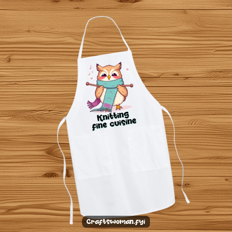 Funny knitting owl apron showing a joyful owl humming while knitting a long, colorful scarf, ideal for kitchen humor.