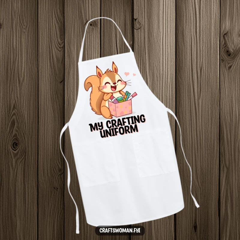 Funny apron illustrating a cheerful squirrel holding tiny craft supplies, ready for creative endeavors in the kitchen or studio.
