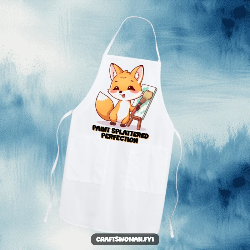 Funny apron with a happy fox artist painting a colorful masterpiece using a giant brush, designed for kitchen creativity and humorous cooks.