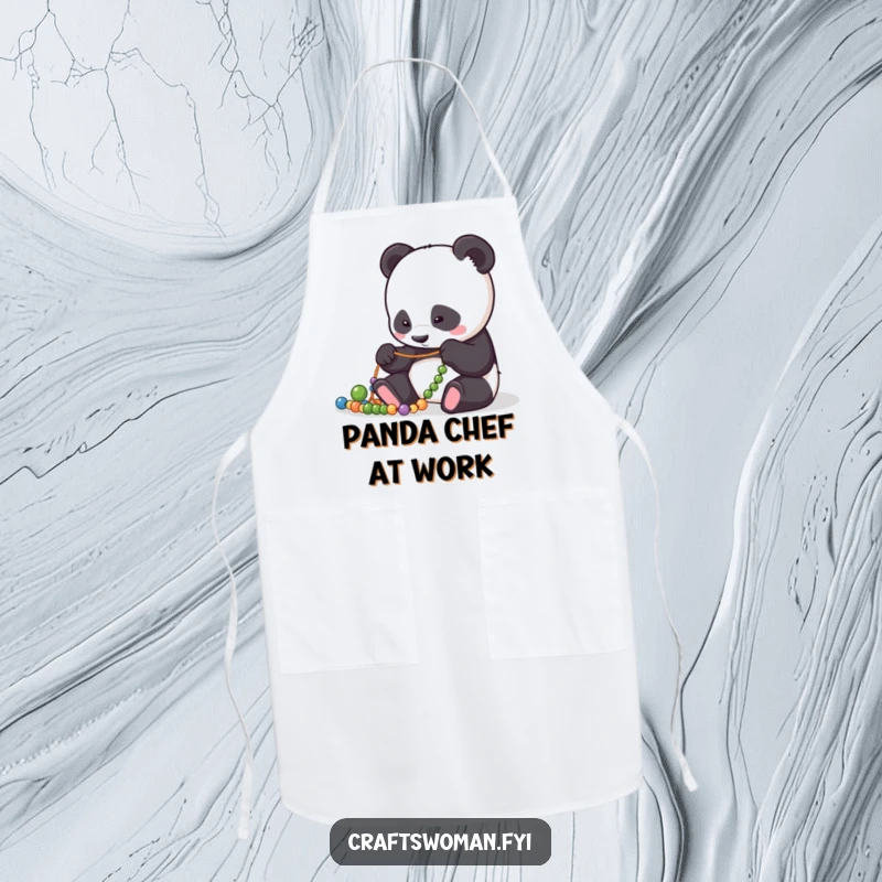 Funny Apron: Focused panda character meticulously arranging beads on a string, perfect for kitchen or craft room.