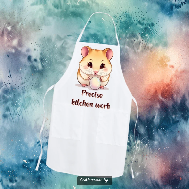 Funny hamster apron showing a curious hamster with wide eyes inspecting a delicate bead, ideal for kitchen humor.