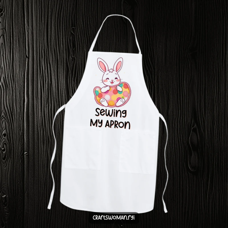 Funny cheerful bunny apron with a bunny enthusiastically sewing a large, colorful patch, perfect for cheerful crafting sessions.