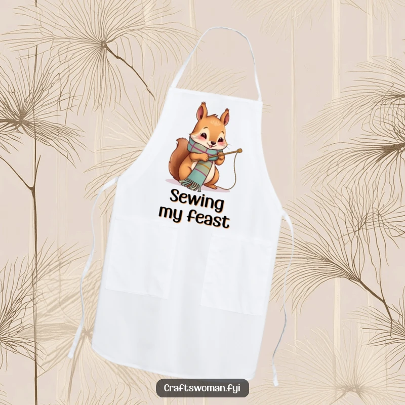 Funny Apron with a cute squirrel happily stitching a vibrant scarf on a large needle, for tidy crafters.