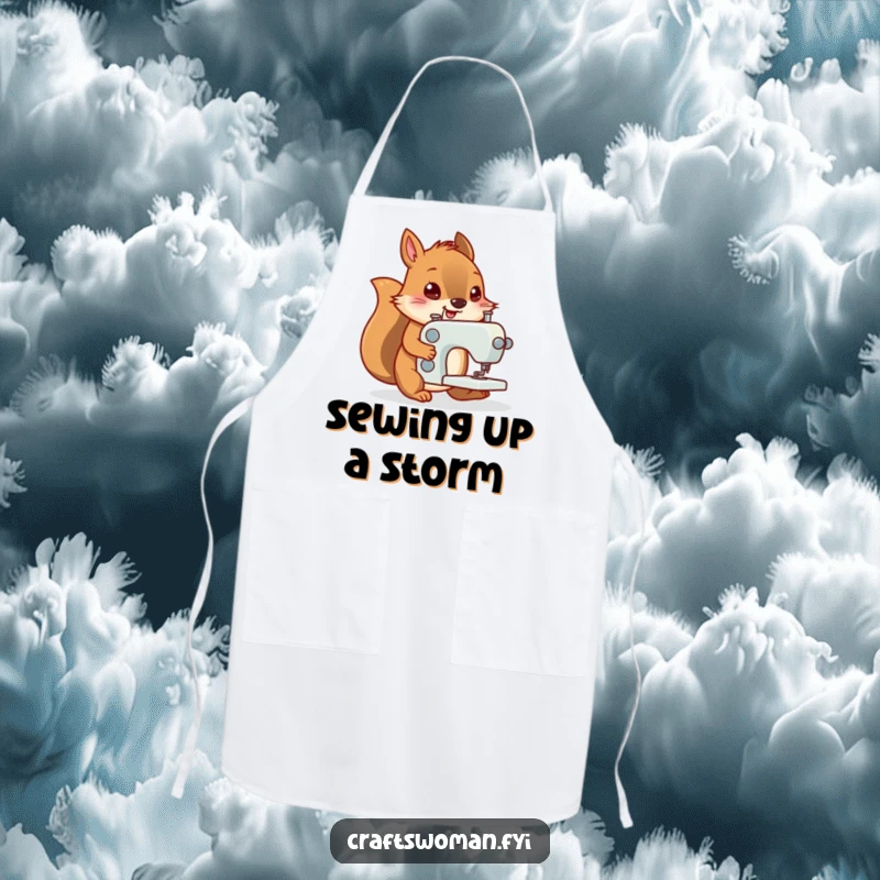 Funny apron showing a determined squirrel cheerfully pushing a small sewing machine, perfect for sewing protection.