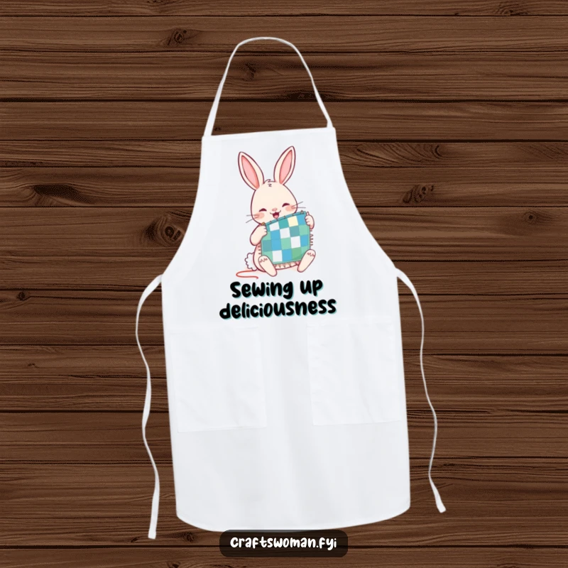 Funny apron featuring a joyful rabbit character diligently stitching a tiny patchwork quilt, perfect for protecting clothes during sewing.