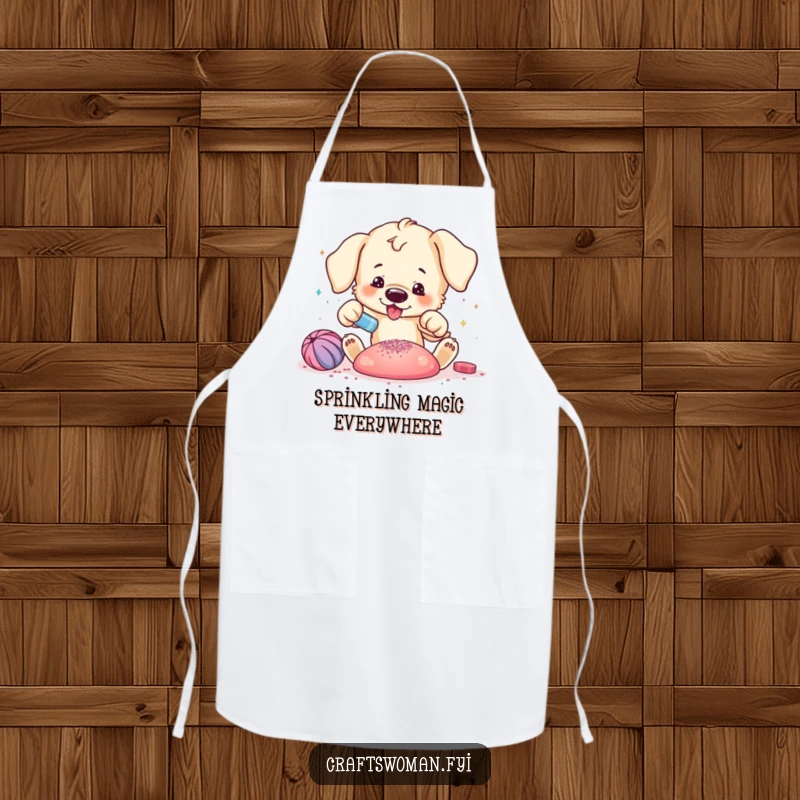 Funny puppy apron with a playful puppy excitedly adding glitter to a vibrant craft creation, ideal for crafting protection.