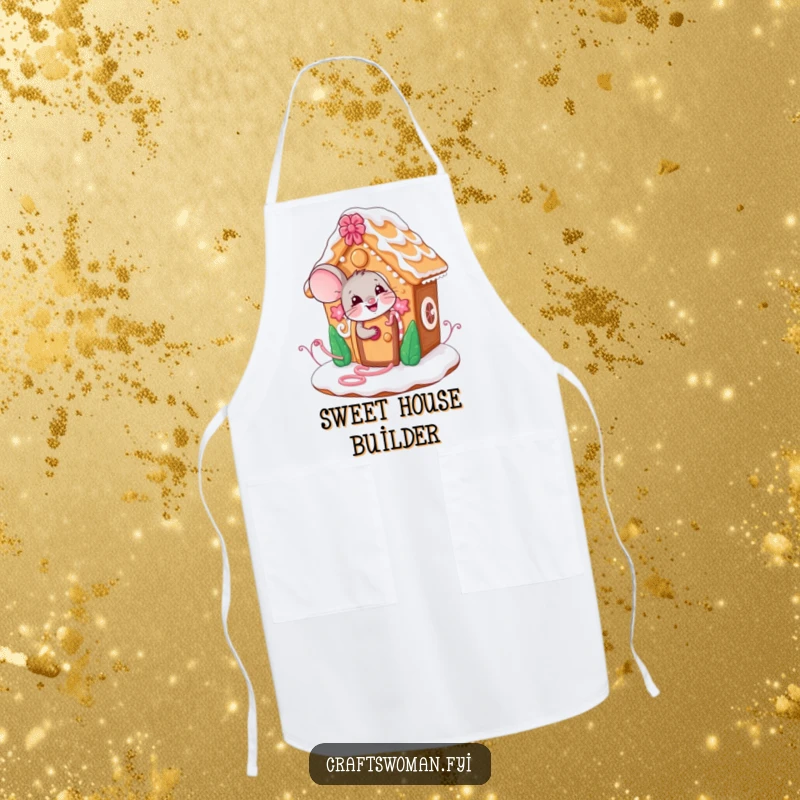 Funny mouse apron showing a giggling character decorating a whimsical gingerbread house, perfect for adding personality to the kitchen.