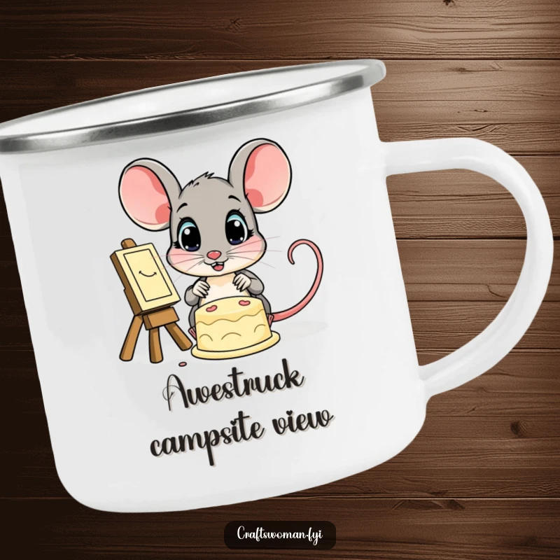 Funny camping mug featuring a wide-eyed mouse admiring a beautiful creation, durable and fun for outdoor beverage enjoyment.