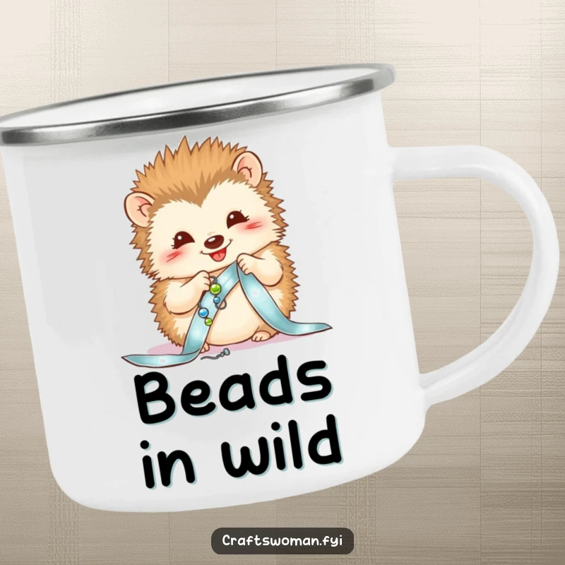 Funny camping mug featuring a happy hedgehog sewing beads onto a ribbon, perfect for outdoor crafting.
