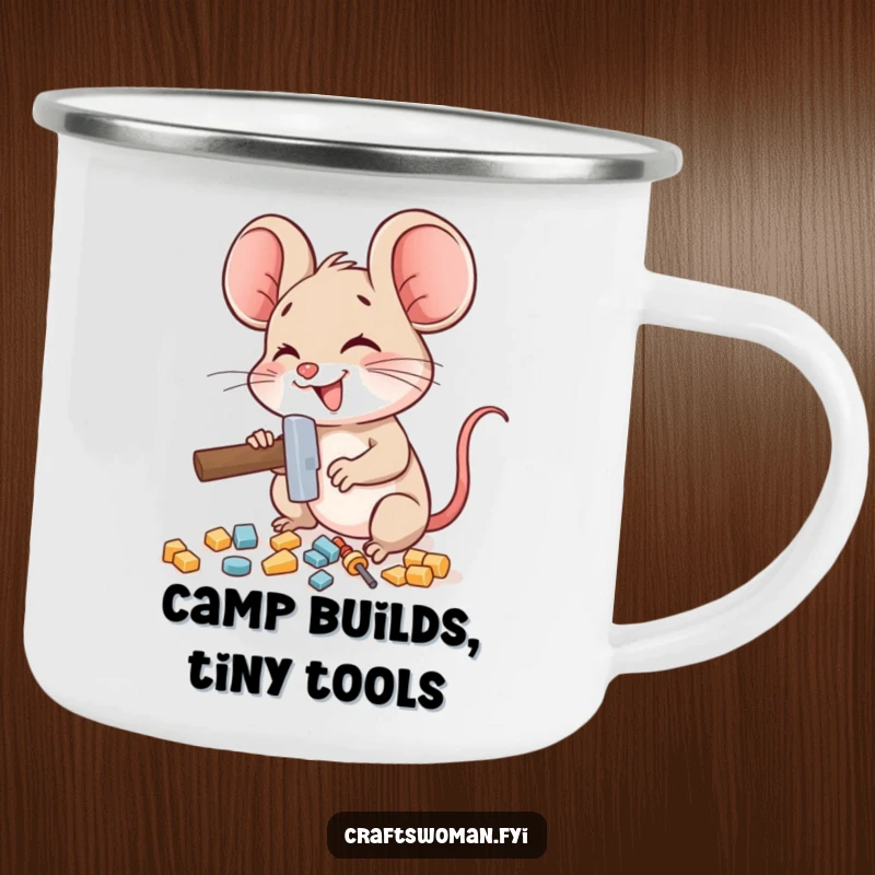 Funny mouse camping mug featuring a delighted mouse character using a miniature hammer to assemble small pieces, perfect for outdoor lovers.