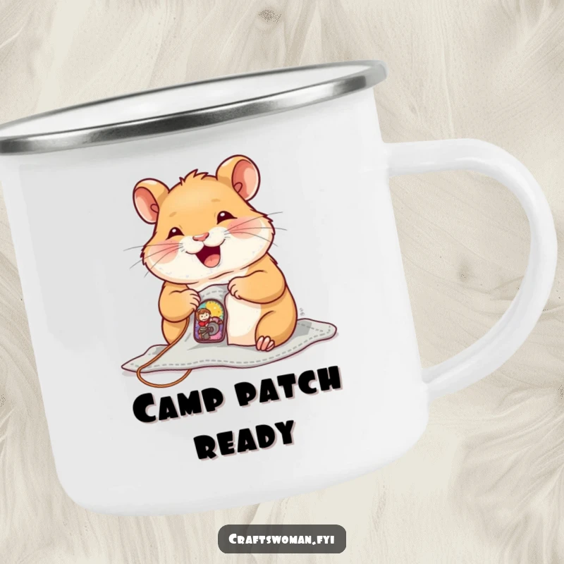 Funny Camping Mug with a joyful hamster sewing a tiny, colorful patch onto a small garment, for outdoor detail lovers.