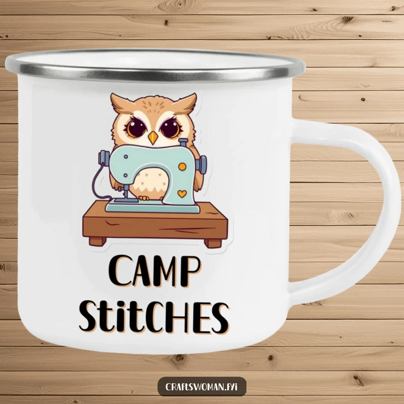 Funny camping mug featuring a curious owl expertly operating a miniature sewing machine, ideal for outdoor crafting.