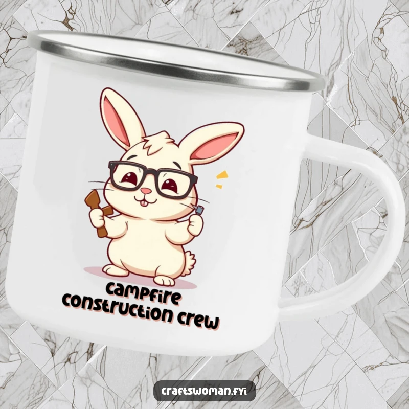 Funny Rabbit Carpenter Camping Mug: A Perky Bunny with Askew Glasses Enthusiastically Hammering a Nail, Rugged and Hilarious.