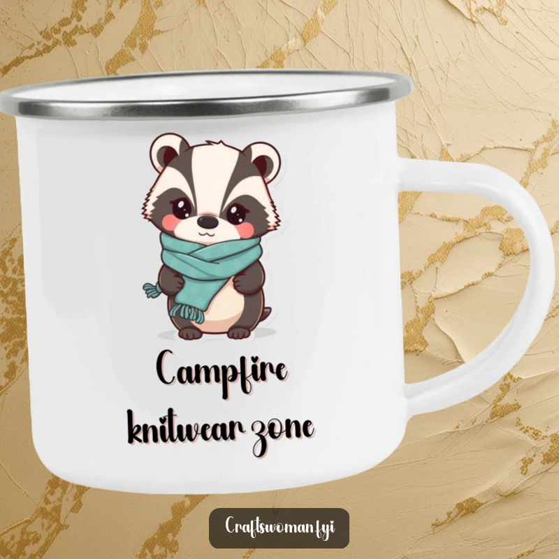 Funny Badger Knitter Camping Mug: A Whimsical Badger Proudly Displaying a Slightly Lopsided Knitted Scarf, Rugged and Hilarious.