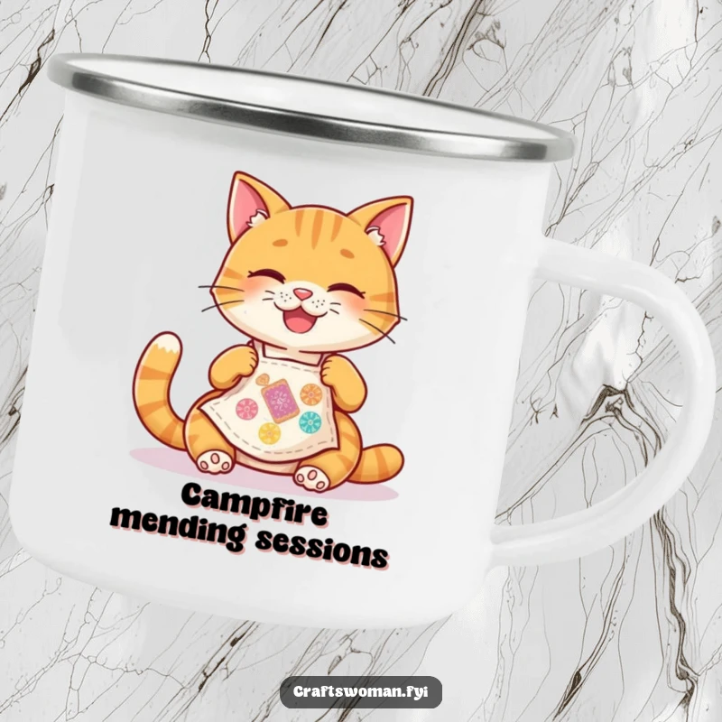Funny Cat Camping Mug: A happy cat in a tiny apron joyfully stitches a colorful patch, perfect for outdoor crafting.