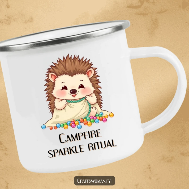 Funny hedgehog camping mug with a cheerful hedgehog carefully arranging sparkling beads onto a piece of cloth, rugged and charming.