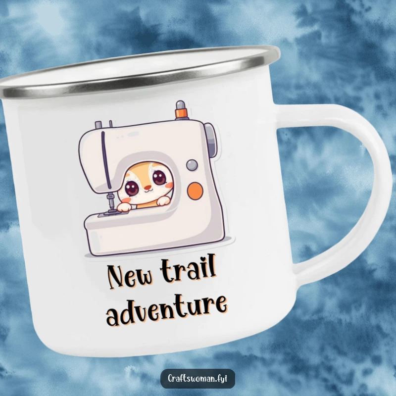 Funny camping mug featuring a curious animal character with wide, eager eyes looking at a sewing machine, symbolizing portable creativity.