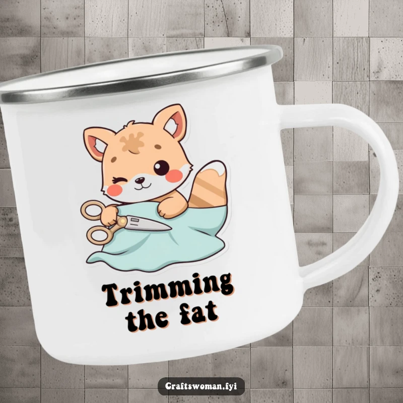 Funny camping mug featuring an animal character cutting material with playful scissors, embodying the spirit of portable creativity.
