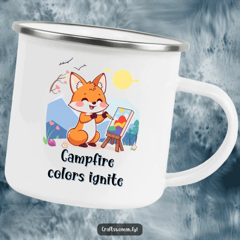 Funny camping mug featuring a happy fox character painting a colorful landscape, ideal for outdoor art enthusiasts.