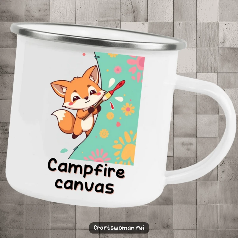 Funny Camping Mug with a determined fox enthusiastically painting a vibrant pattern onto fabric, for outdoor artists.