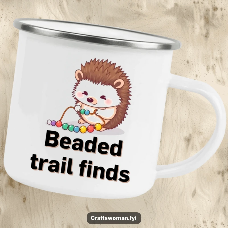 Funny camping mug featuring a focused hedgehog carefully stringing beads onto a thread, durable and fun for outdoor crafting.
