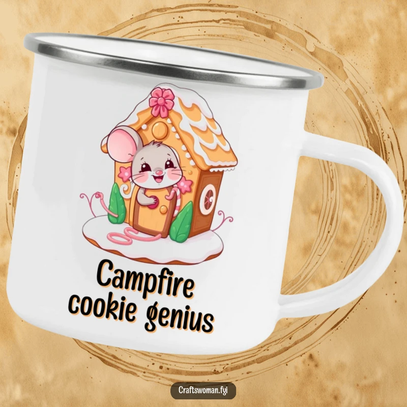 Funny mouse camping mug with a giggling character decorating a gingerbread house, perfect for enjoying festive drinks outdoors.